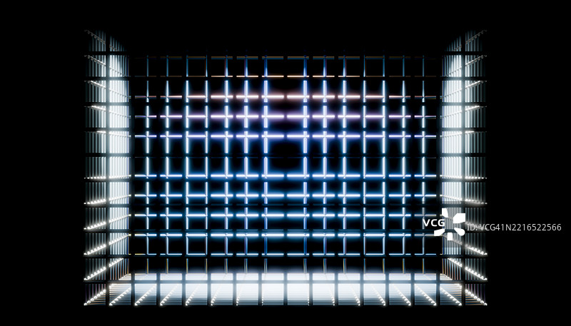 抽象几何网格在黑暗背景上呈现多彩反射图片素材