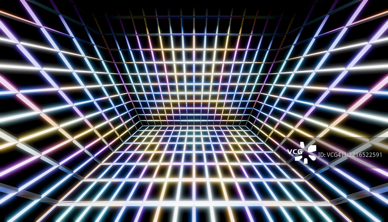 抽象几何霓虹网格，带有彩虹色和在黑暗背景上的反射图片素材
