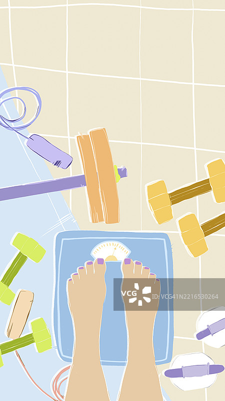 脚踩在体重秤上，周围是健身器材的插图图片素材