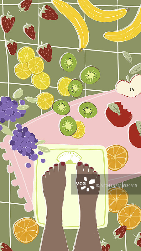 脚踩在称重秤上，周围是各种水果，地面铺有瓷砖。图片素材