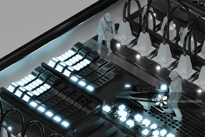 3D插图：微小人物在电路板上工作，周围有发光灯光图片素材
