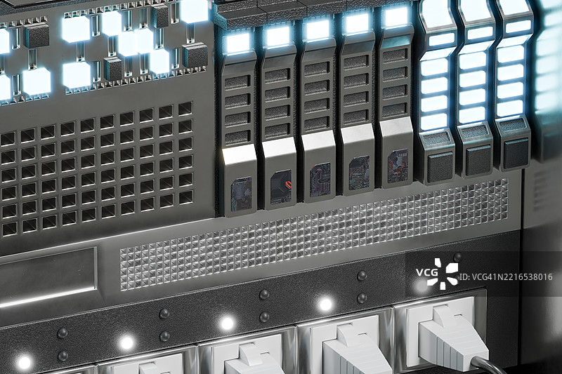 3D渲染的服务器机房细节，带有发光灯光和设备图片素材