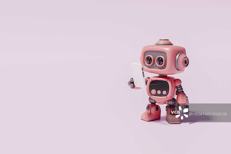 粉色机器人手持智能手机，3D渲染，背景为柔和色调图片素材