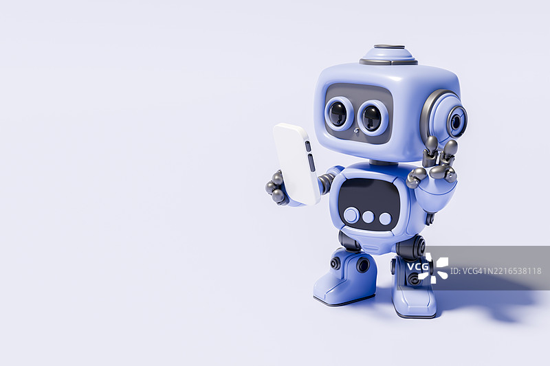 可爱的机器人用智能手机自拍的3D渲染图图片素材