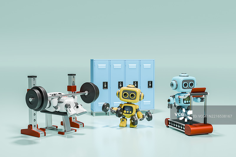机器人在健身房使用健身器材锻炼的3D渲染图图片素材