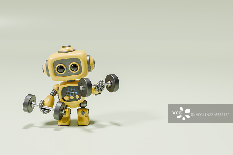 可爱的黄色机器人在健身房举哑铃的3D渲染图图片素材