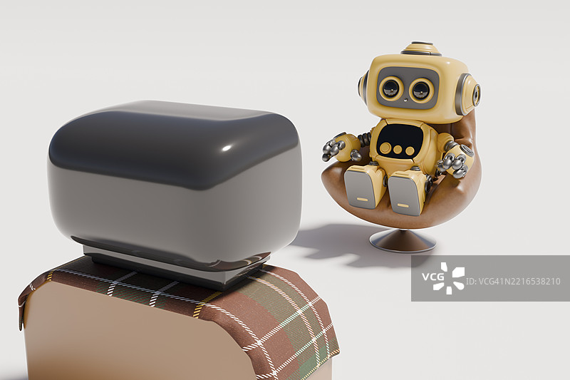 室内一台机器人观看电视的3D渲染图图片素材