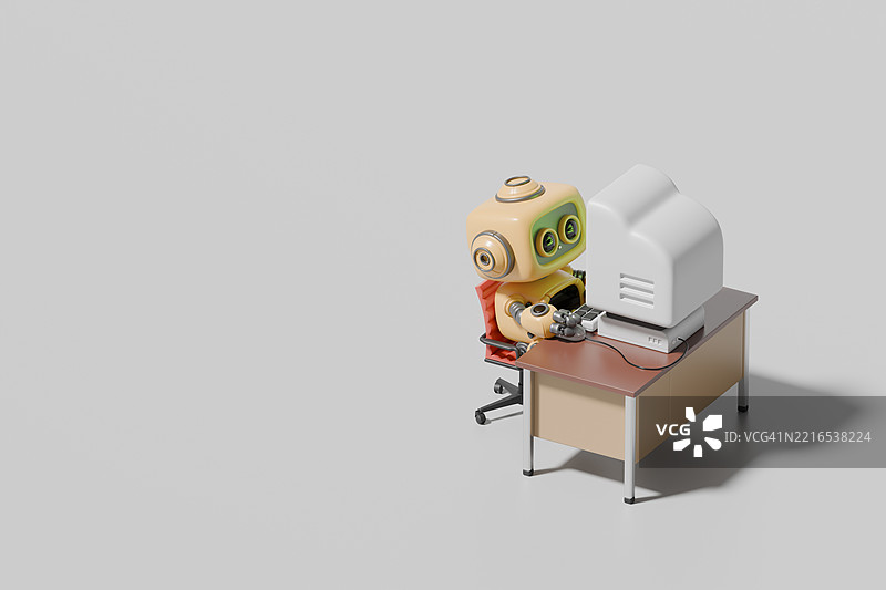 办公室环境中一台机器人在电脑前工作的3D渲染图图片素材