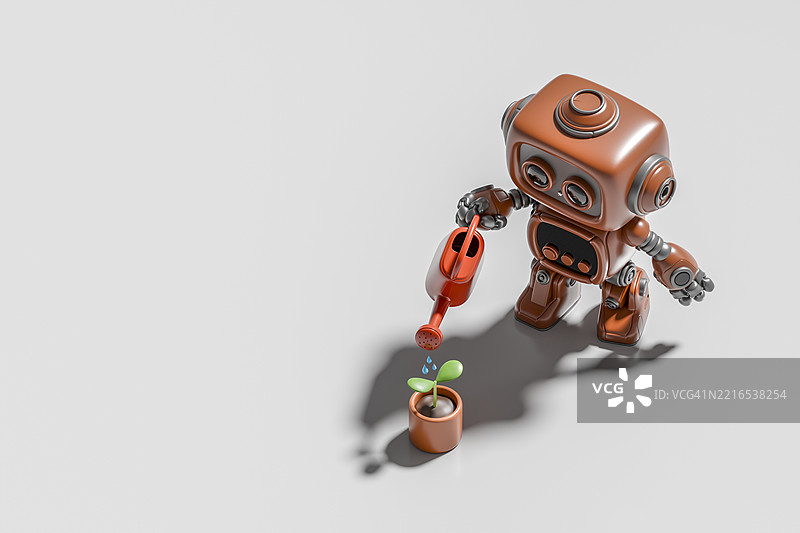 3D渲染的机器人用浇水壶给小植物浇水图片素材