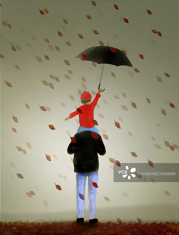 父亲和女儿在秋风中享受落叶飘零的日子图片素材