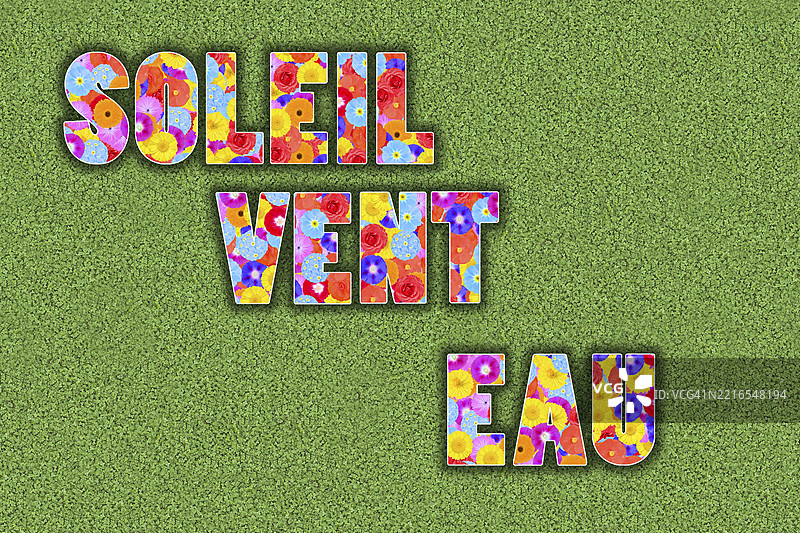 法语单词“太阳”、“风”、“水”作为清洁可再生能源的象征图片素材