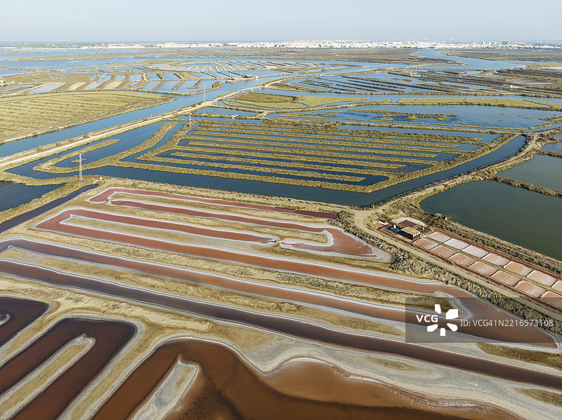 位于奇克拉纳德拉弗龙特拉附近的盐场盐水池。橙红色的颜色取决于盐度水平,直接由盐藻(Dunaliella salina)和盐水虾引起。鸟瞰图。无人机拍摄。卡迪斯湾自然保护区,卡迪斯省图片素材