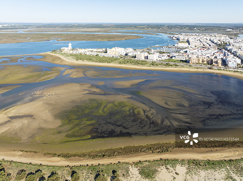 西班牙安达卢西亚省乌埃尔瓦的加维奥塔湖(Lago de la Gaviota)旁的伊斯拉克里斯蒂娜镇,退潮时的鸟瞰图。无人机拍摄。图片素材