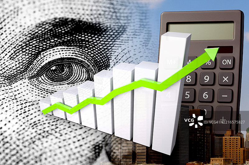 上升箭头、现金美元钞票、城市和计算器 - 经济图表图片素材