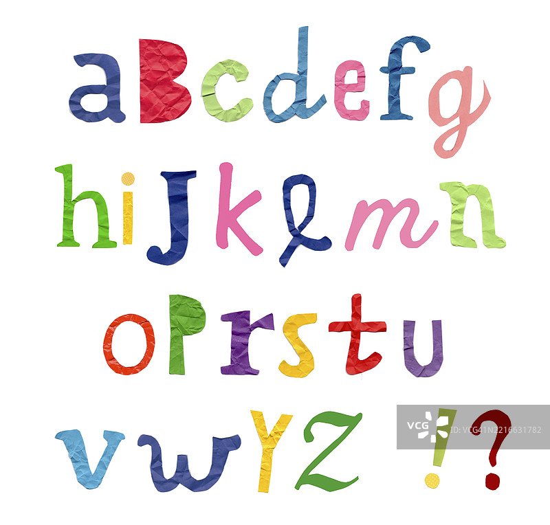 用皱纸制成的五彩字母，包括小写字母和标点符号图片素材