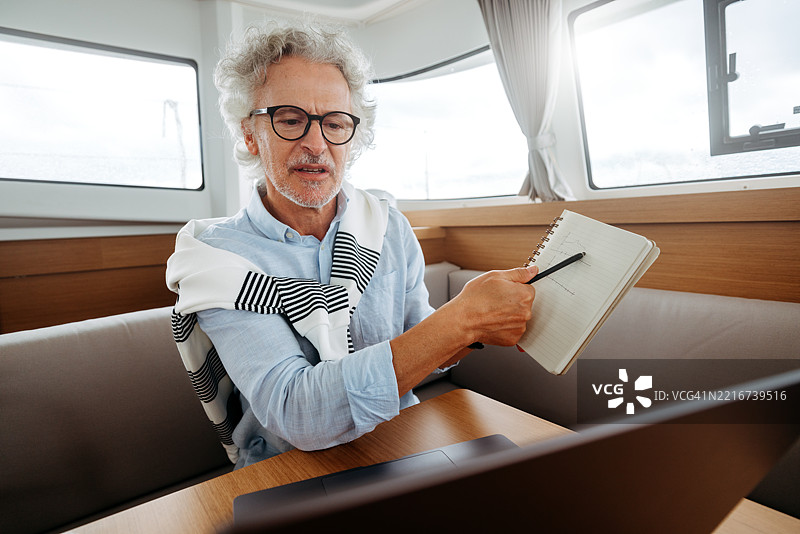 身穿商务服装的成熟男士在游艇上进行视频会议图片素材