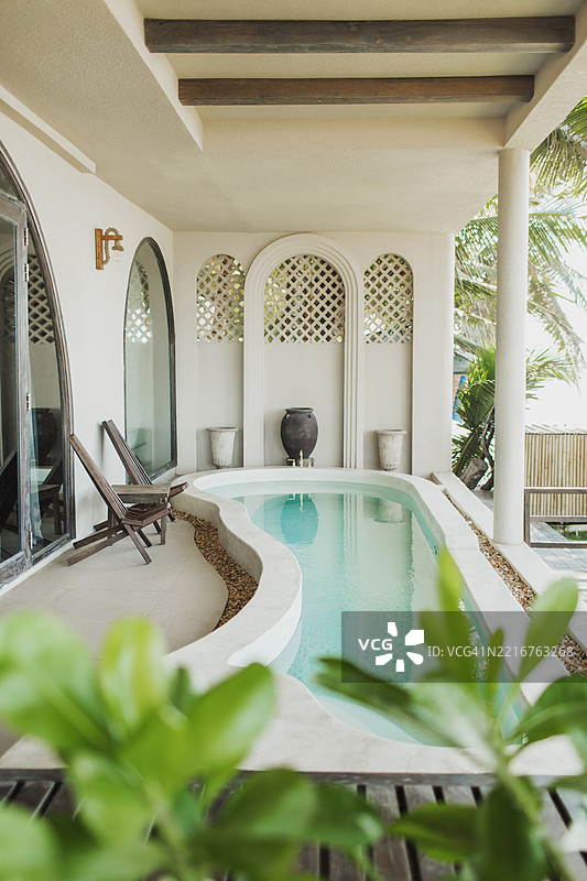 现代建筑与热带元素相结合的放松泳池边环境图片素材
