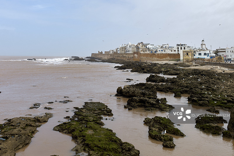 摩洛哥的海岸城市风景，沿着岩石海岸线有历史建筑，海洋尽收眼底。图片素材