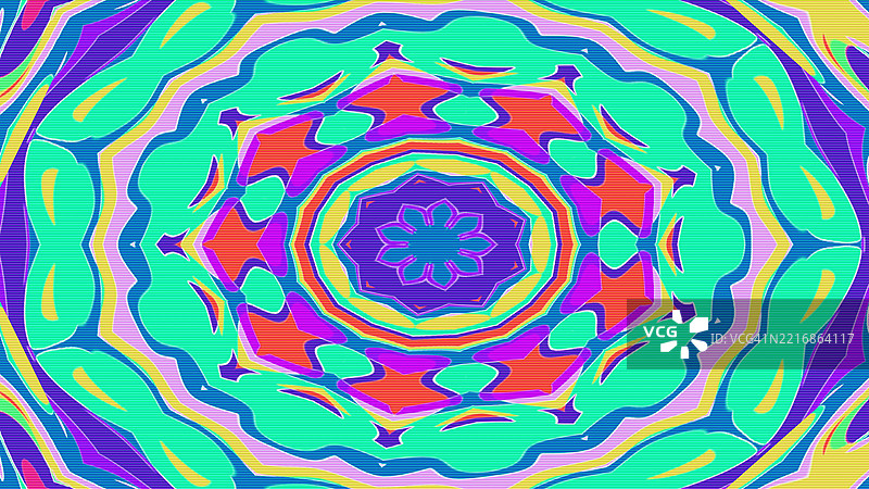 充满活力的霓虹蓝、粉色和橙色万花筒曼陀罗，适合70年代和Y2K美学图片素材