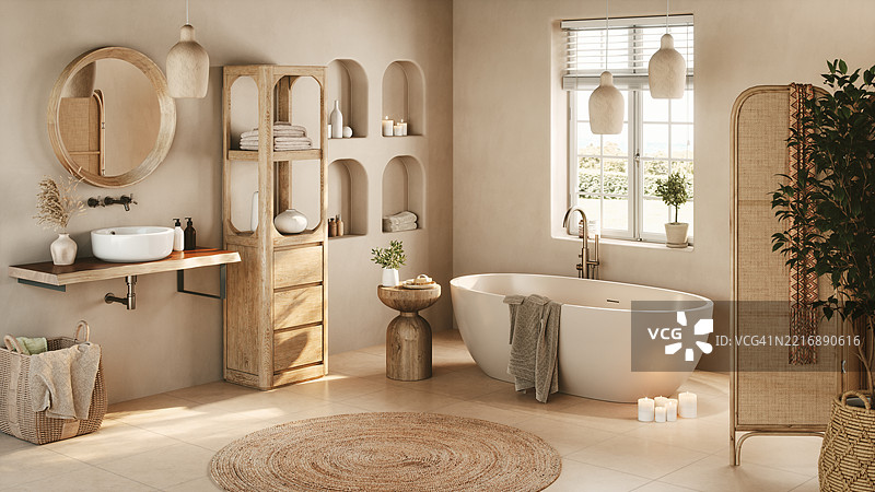 现代波西米亚风格浴室，柔和的灯光图片素材