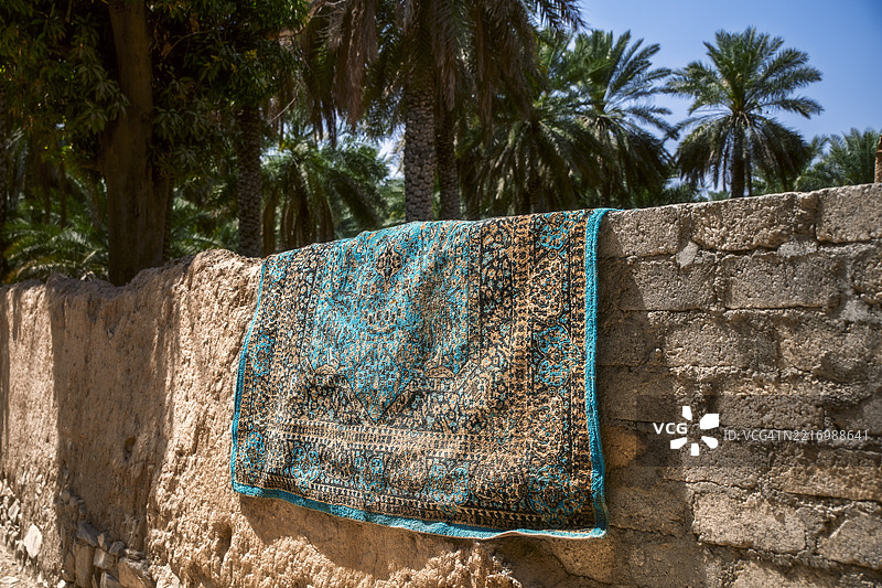 在阿尔哈姆拉附近的棕榈树林中晾晒的华丽装饰地毯图片素材
