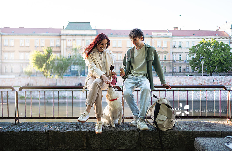 年轻情侣在河边与他们的狗享受户外时光图片素材