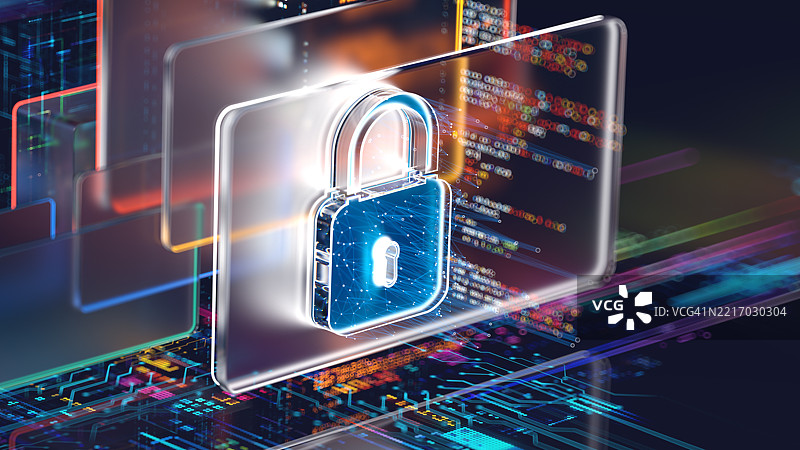 抽象程序代码上的锁定标志。数据泄露。数字安全概念。保护数据。图片素材