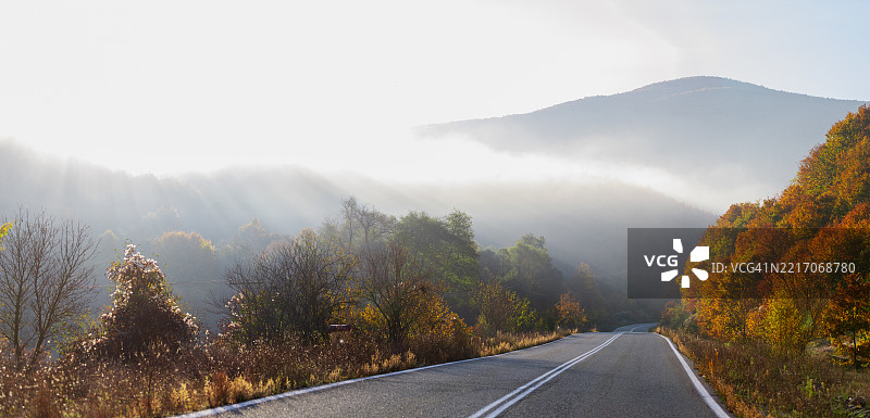 蜿蜒的道路穿过生机勃勃的秋季山丘图片素材
