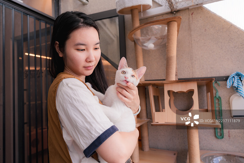女孩在玩小牛猫图片素材