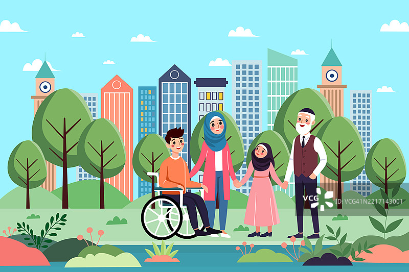 一位坐在轮椅上的残疾人快乐地与家人在美丽的花园中共度时光，享受大自然和家庭的温馨。图片素材