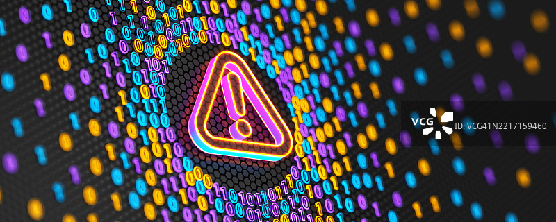 感叹号与二进制代码背景。互联网安全。警告标志。3D插图图片素材