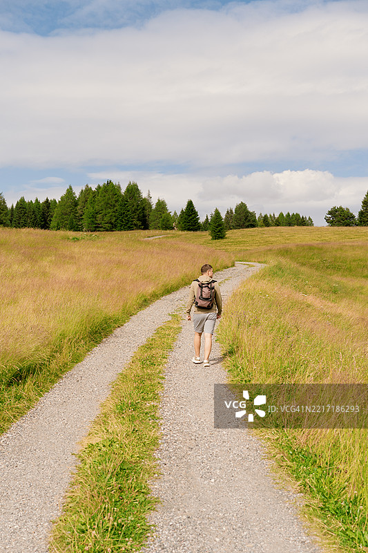 男子在风景如画的乡间小路上徒步旅行，周围绿意盎然。图片素材