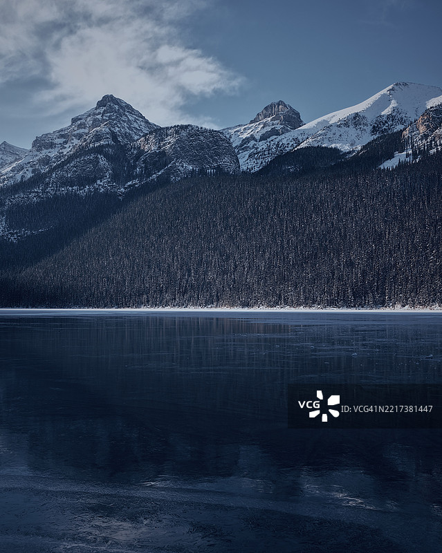 被雪山环绕的湖泊美景，背景是蓝天，加拿大阿尔伯塔省班夫。图片素材