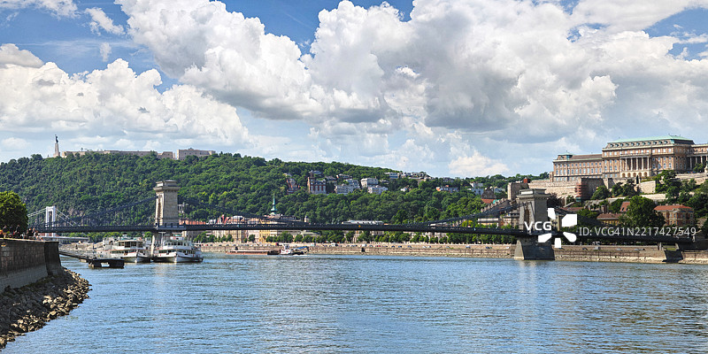 布达佩斯全景，塞切尼链桥横跨多瑙河，布达一侧和在戏剧性云层下的吉尔特山图片素材