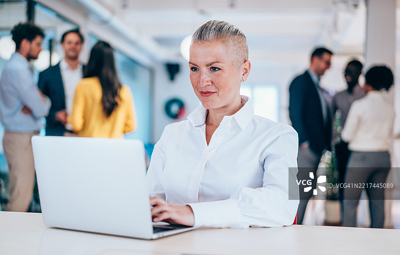 成功的女商人在现代办公室使用笔记本电脑工作。图片素材