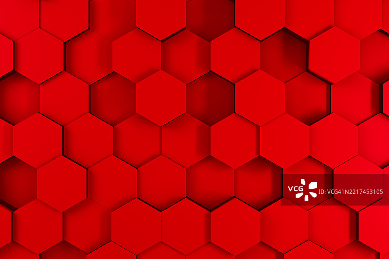 未来感的红色六边形背景。抽象几何设计，具有3D效果，完美适用于现代科技、科幻、数字和美丽创新概念。图片素材