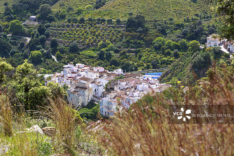位于西班牙马拉加的塞拉雷斯村，坐落在绿色山丘和田野脚下，白色房屋形成宁静的对比。图片素材