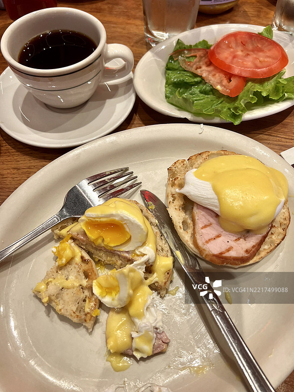盘子里放着一个夹有鸡蛋和肉的三明治，以及一杯咖啡图片素材