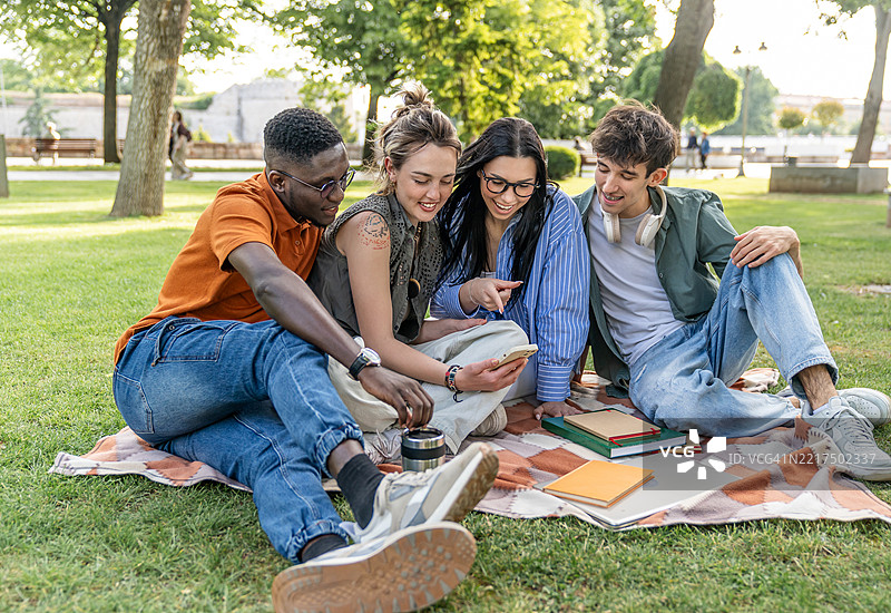 学生们在公园里一起放松，查看社交媒体。图片素材
