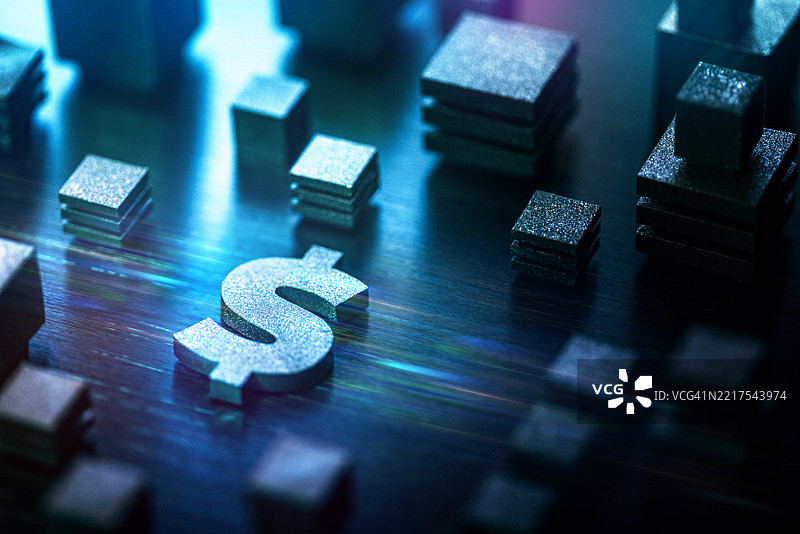 美元符号在金属块表面上，代表快速的资金转移和金融科技创新。图片素材