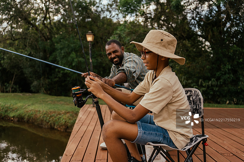 父亲和儿子在湖边钓鱼，放松身心，享受大自然。图片素材