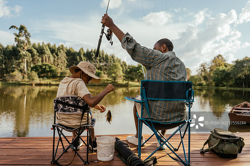 父亲和儿子在湖边钓鱼，放松身心，享受大自然。图片素材