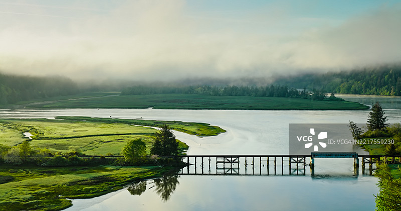俄勒冈州道格拉斯县乌姆夸河上跨越博兰岛的铁路轨道 - 航拍图图片素材