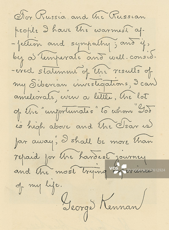 老版雕刻插图，手写信件 - 乔治·肯南（1845年2月16日 - 1924年5月10日），美国探险家，以其在俄罗斯帝国的堪察加和高加索地区的旅行而闻名。图片素材