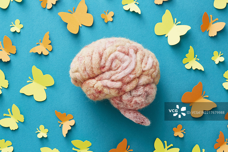 一个由羊毛制成的人脑，周围环绕着纸蝴蝶图片素材