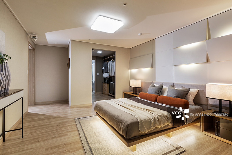 卧室的视角，配有床和更衣室图片素材
