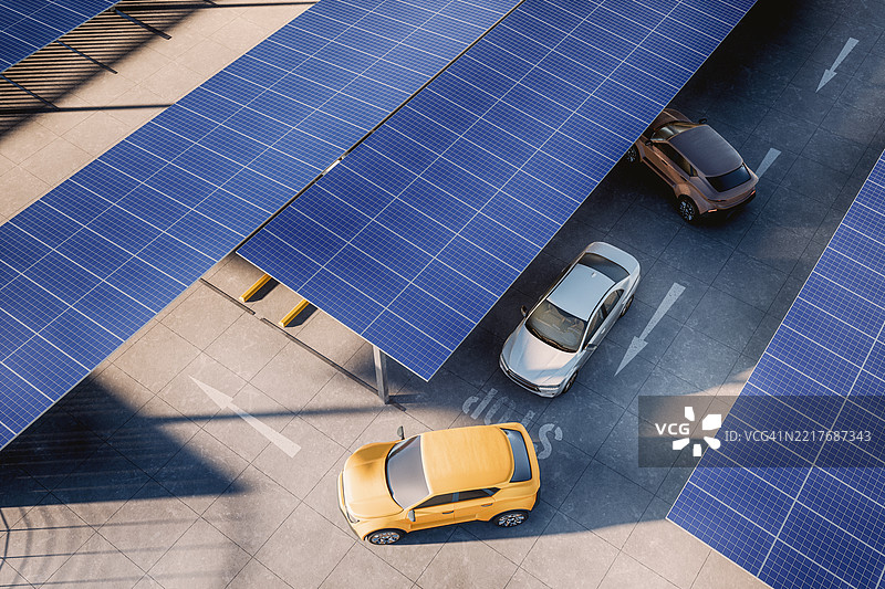 现代停车场，屋顶上装有太阳能电池板图片素材