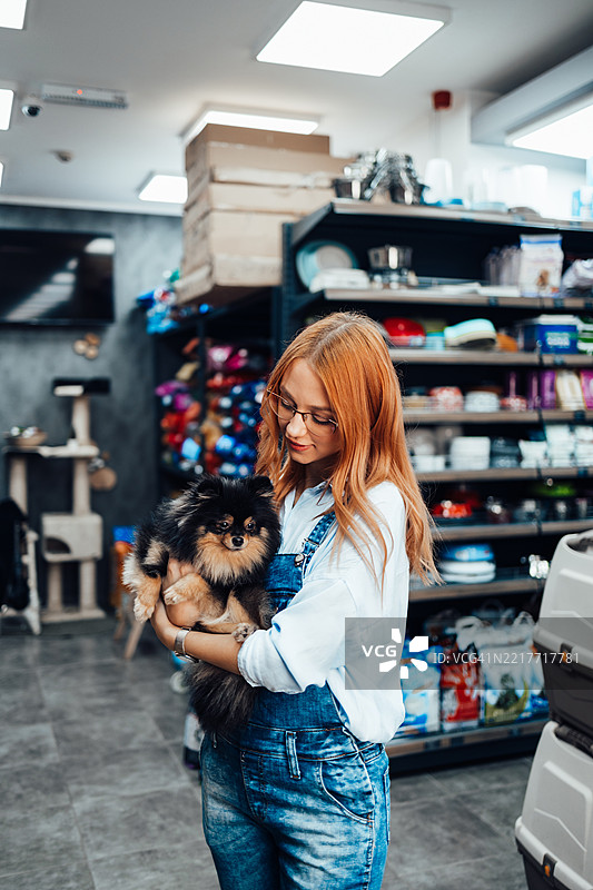 宠物店员工抱着一只博美犬图片素材
