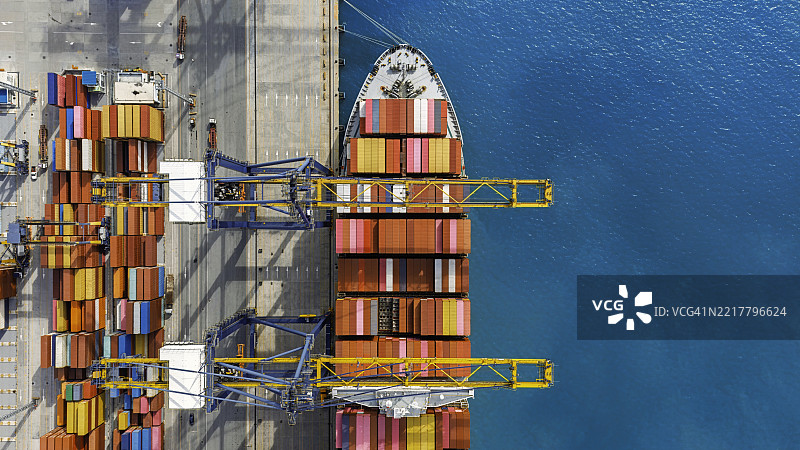 集装箱船装卸货物的鸟瞰图。图片素材