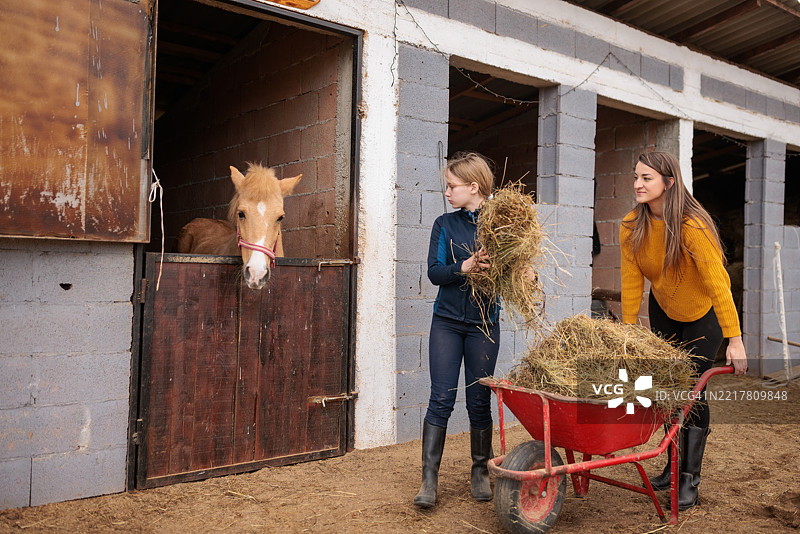 姐妹在牧场参观期间喂马图片素材